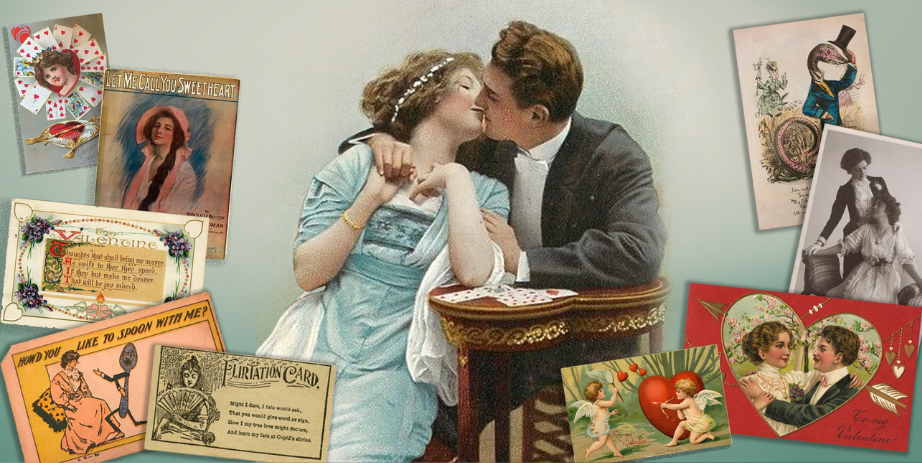Gilded Age era Valentine's Day card featuring an illustration of a man and woman embracing